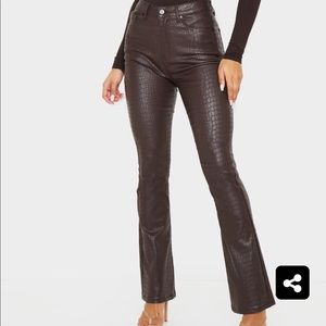 NTW Pretty Little Thing | Chocolate Brown Croc Coated Denim Flared Jeans